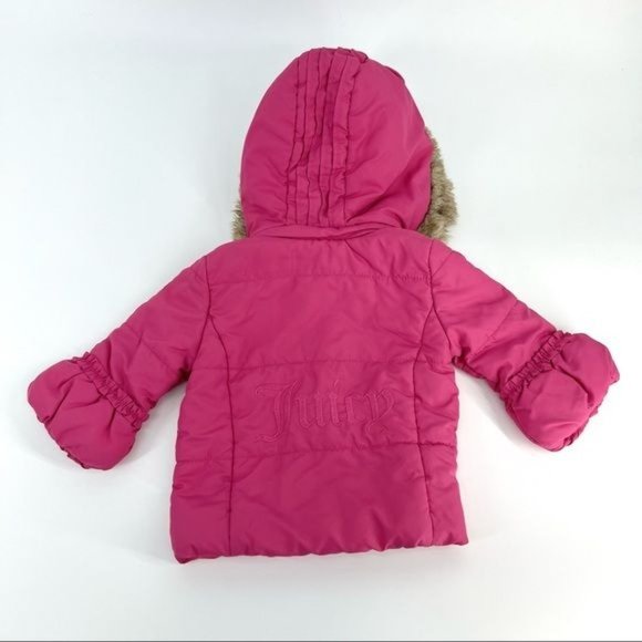 Juicy Couture Ruffle Bell Sleeve Puffer Jacket w/ Fur Hood - Pink | Girls 12M - Picture 8 of 9